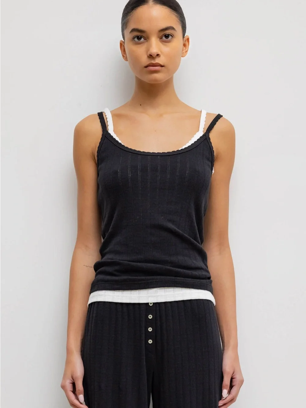 LESET Pointelle Black Ribbed Knit Tank Top - Picture 2 of 2